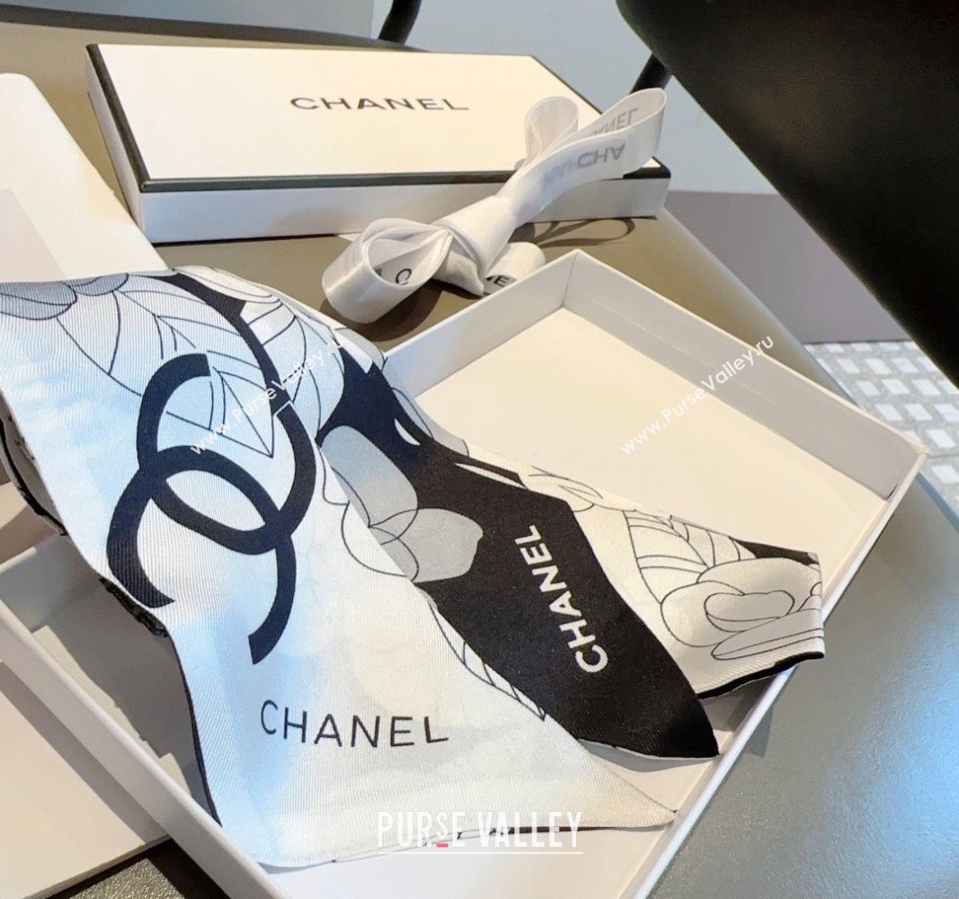 Chanel Camellia Silk Bandeau Scarf 6x120cm White 2024 0403 (XMN-240403157)