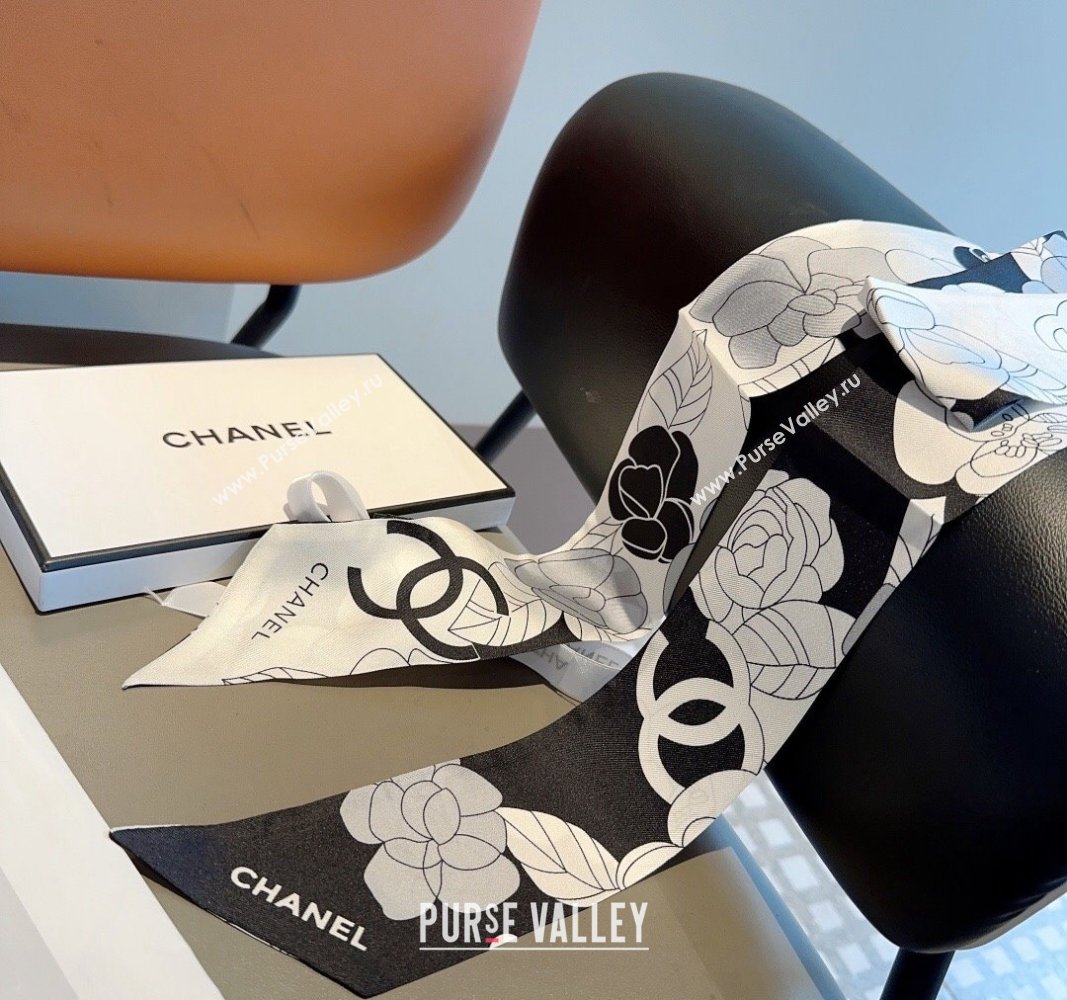 Chanel Camellia Silk Bandeau Scarf 6x120cm White 2024 0403 (XMN-240403157)
