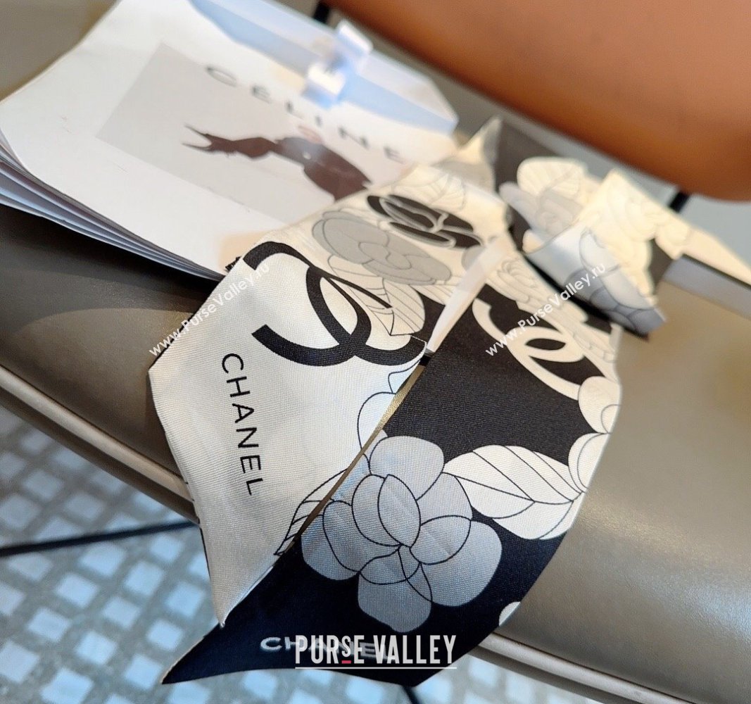 Chanel Camellia Silk Bandeau Scarf 6x120cm White 2024 0403 (XMN-240403157)