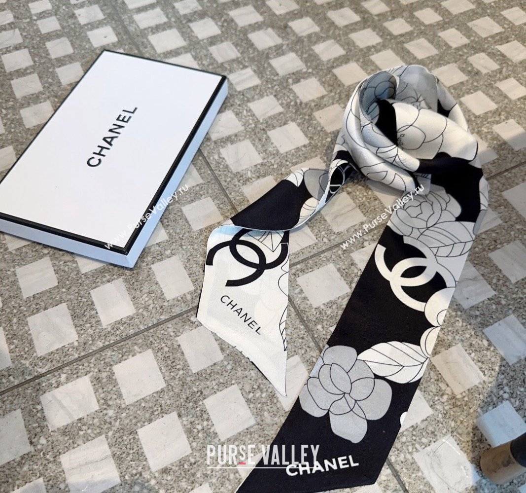 Chanel Camellia Silk Bandeau Scarf 6x120cm White 2024 0403 (XMN-240403157)