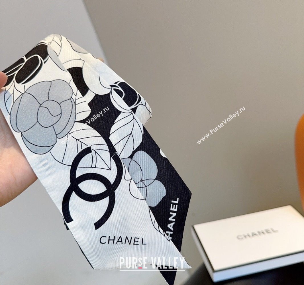 Chanel Camellia Silk Bandeau Scarf 6x120cm White 2024 0403 (XMN-240403157)