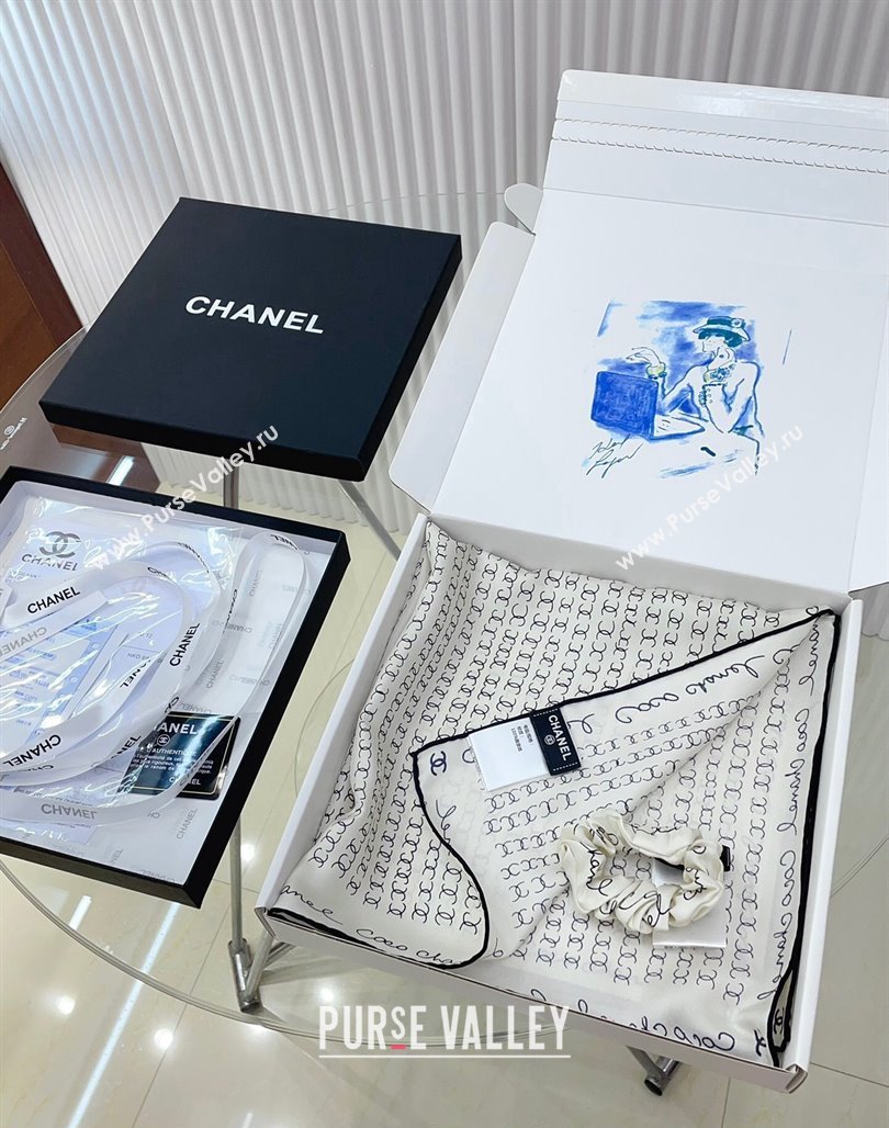 Chanel Silk Sqaure Scarf with Hair Ring 50x50cm White 2024 AA8028 (A-240514133)
