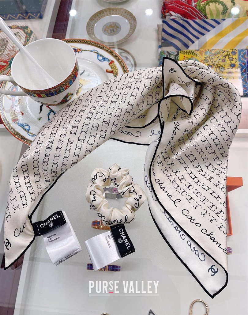 Chanel Silk Sqaure Scarf with Hair Ring 50x50cm White 2024 AA8028 (A-240514133)