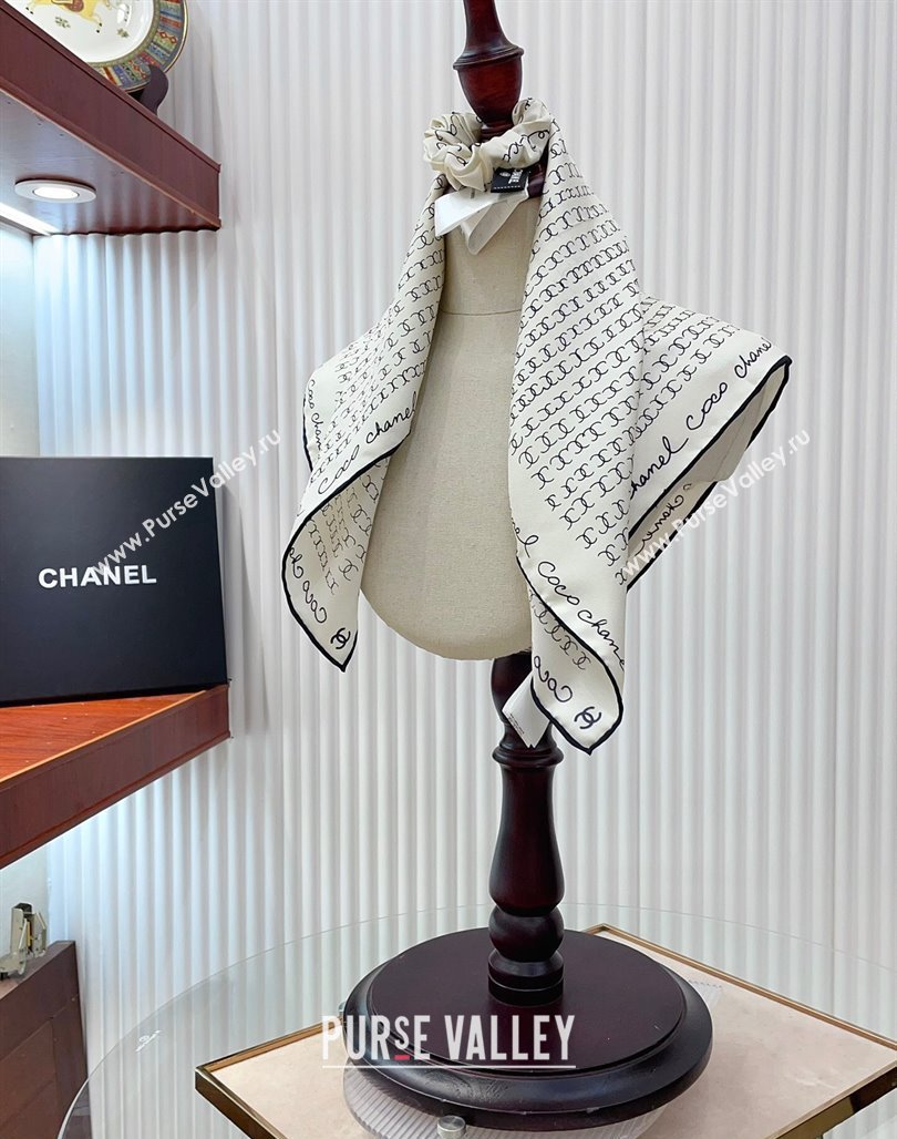 Chanel Silk Sqaure Scarf with Hair Ring 50x50cm White 2024 AA8028 (A-240514133)