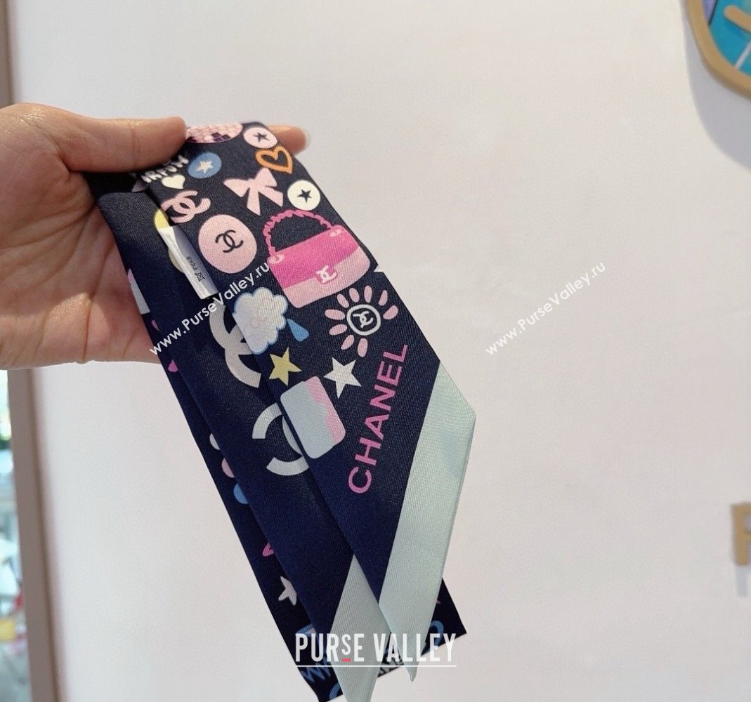 Chanel Silk Bandeau Scarf 6x120cm Dark Blue 2024 AA9663 (A-240514134)