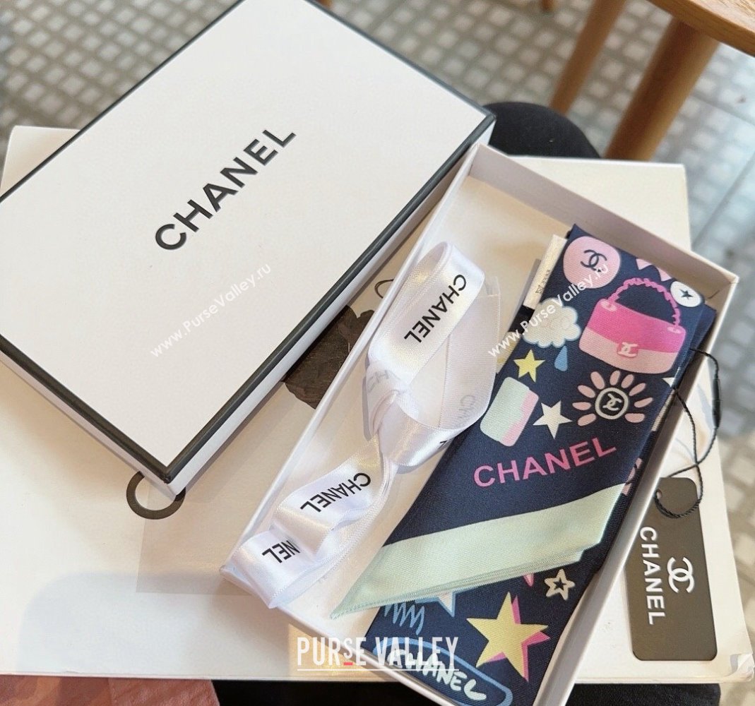 Chanel Silk Bandeau Scarf 6x120cm Dark Blue 2024 AA9663 (A-240514134)