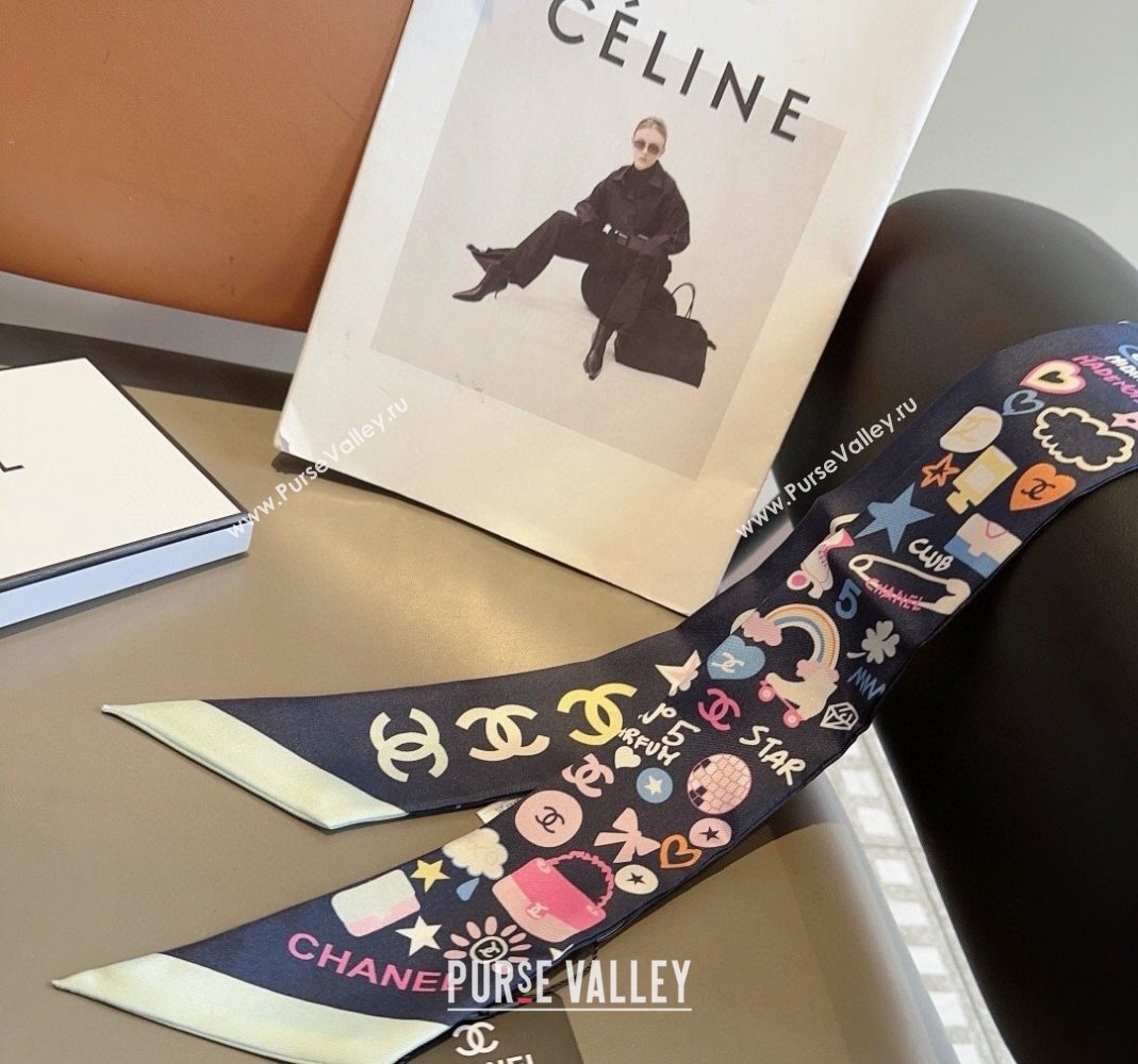 Chanel Silk Bandeau Scarf 6x120cm Dark Blue 2024 AA9663 (A-240514134)