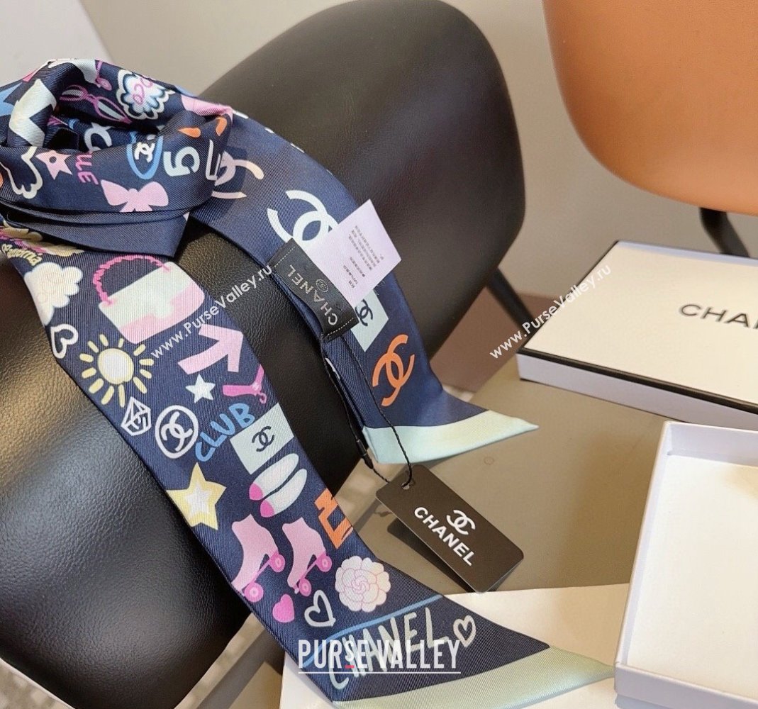 Chanel Silk Bandeau Scarf 6x120cm Dark Blue 2024 AA9663 (A-240514134)