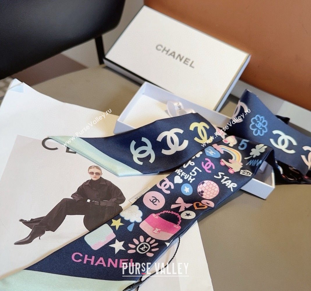 Chanel Silk Bandeau Scarf 6x120cm Dark Blue 2024 AA9663 (A-240514134)