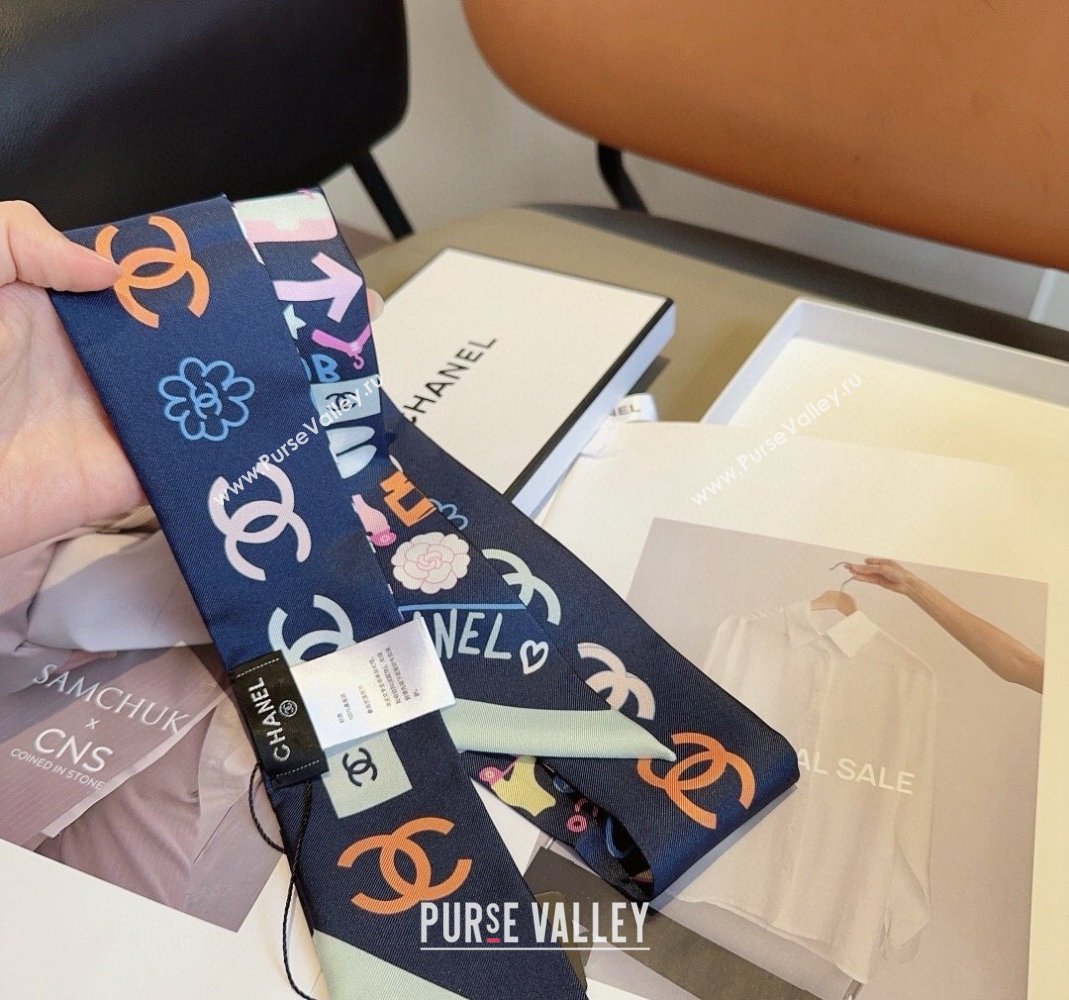 Chanel Silk Bandeau Scarf 6x120cm Dark Blue 2024 AA9663 (A-240514134)
