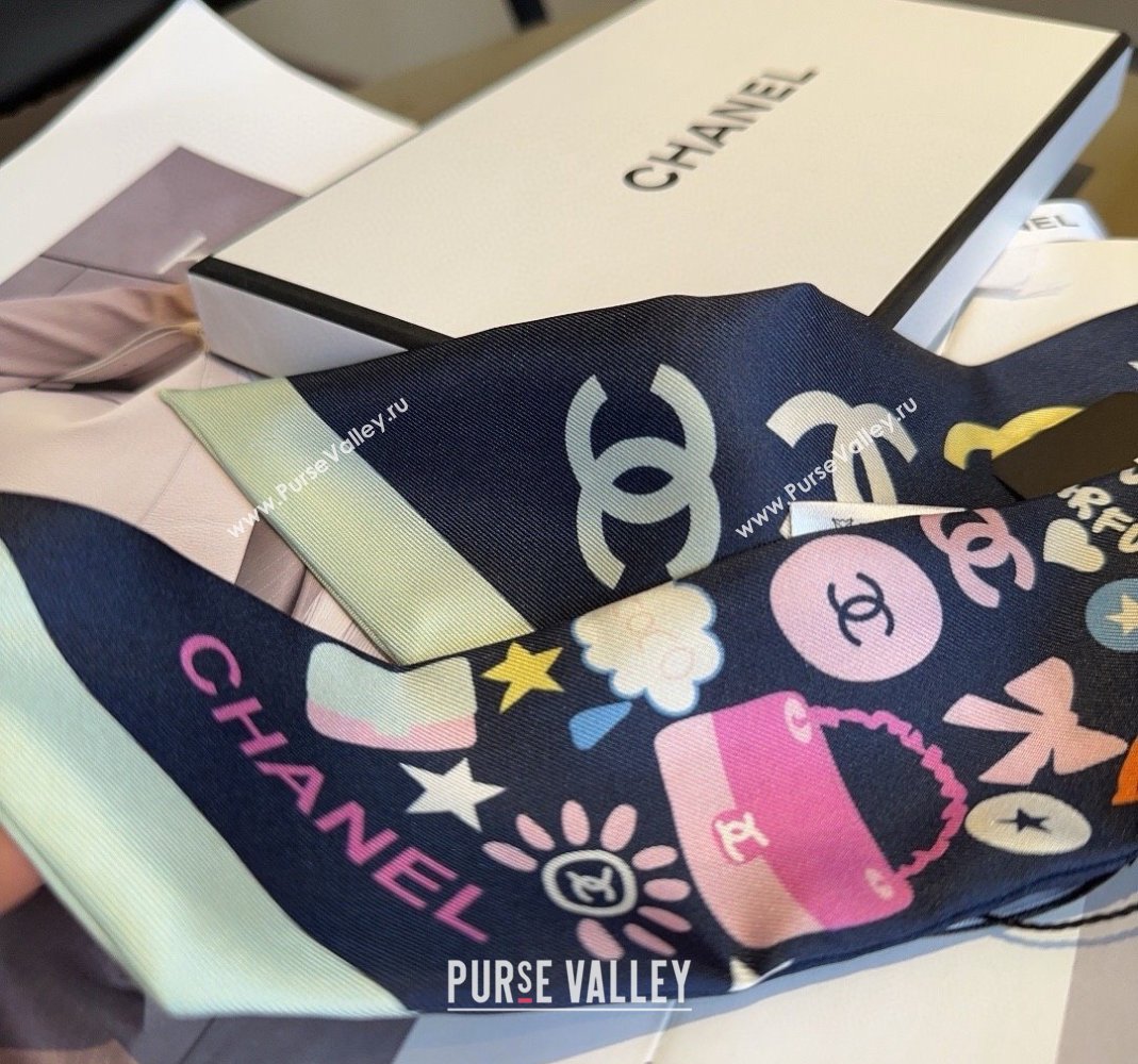 Chanel Silk Bandeau Scarf 6x120cm Dark Blue 2024 AA9663 (A-240514134)