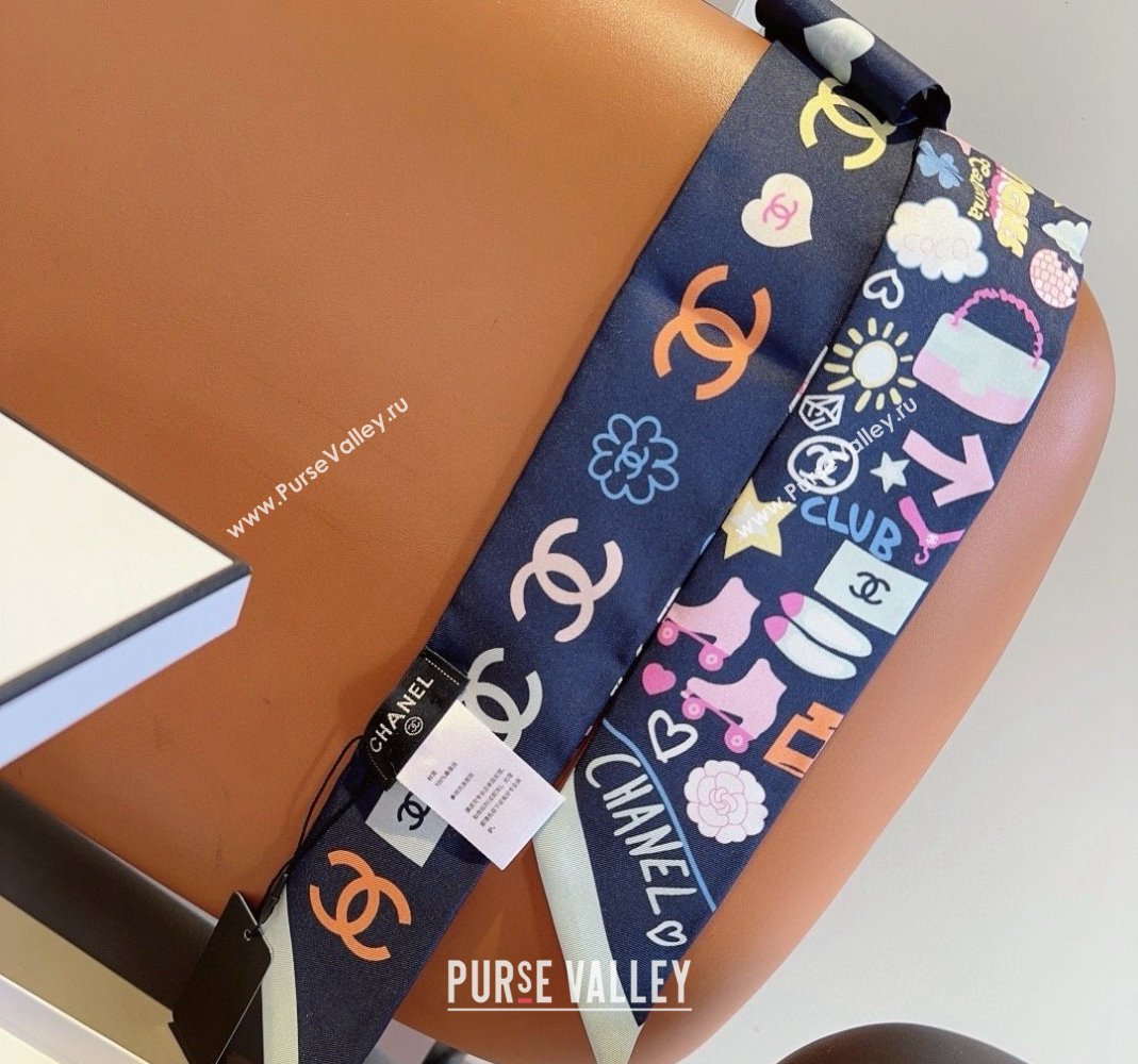Chanel Silk Bandeau Scarf 6x120cm Dark Blue 2024 AA9663 (A-240514134)