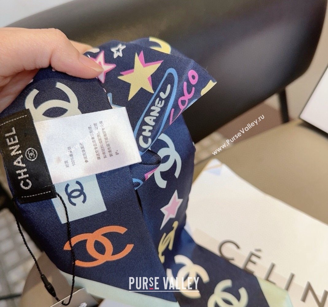 Chanel Silk Bandeau Scarf 6x120cm Dark Blue 2024 AA9663 (A-240514134)