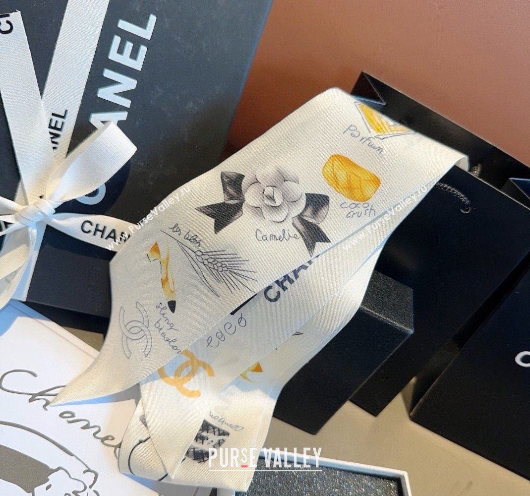 Chanel Silk Bandeau Scarf 6x120cm White 2024 051402 (A-240514135)