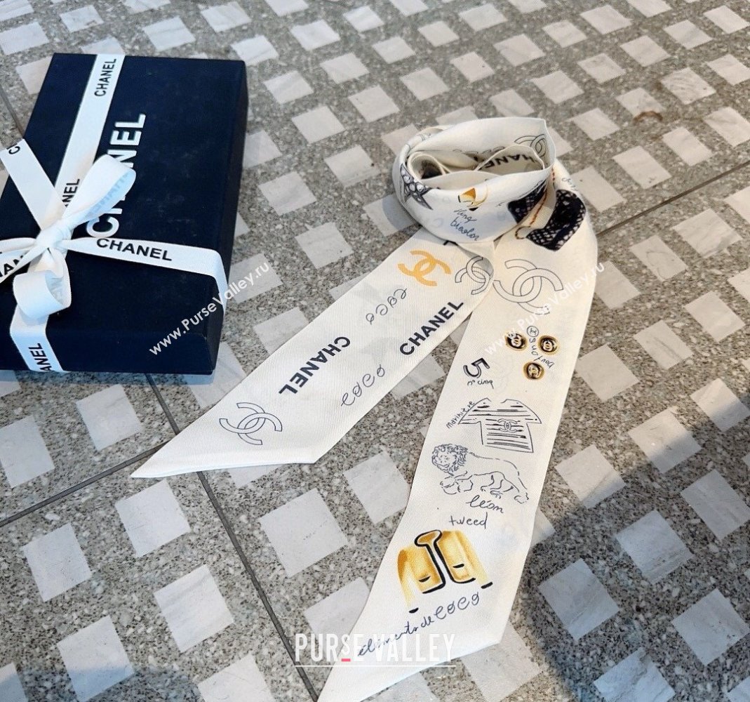 Chanel Silk Bandeau Scarf 6x120cm White 2024 051402 (A-240514135)