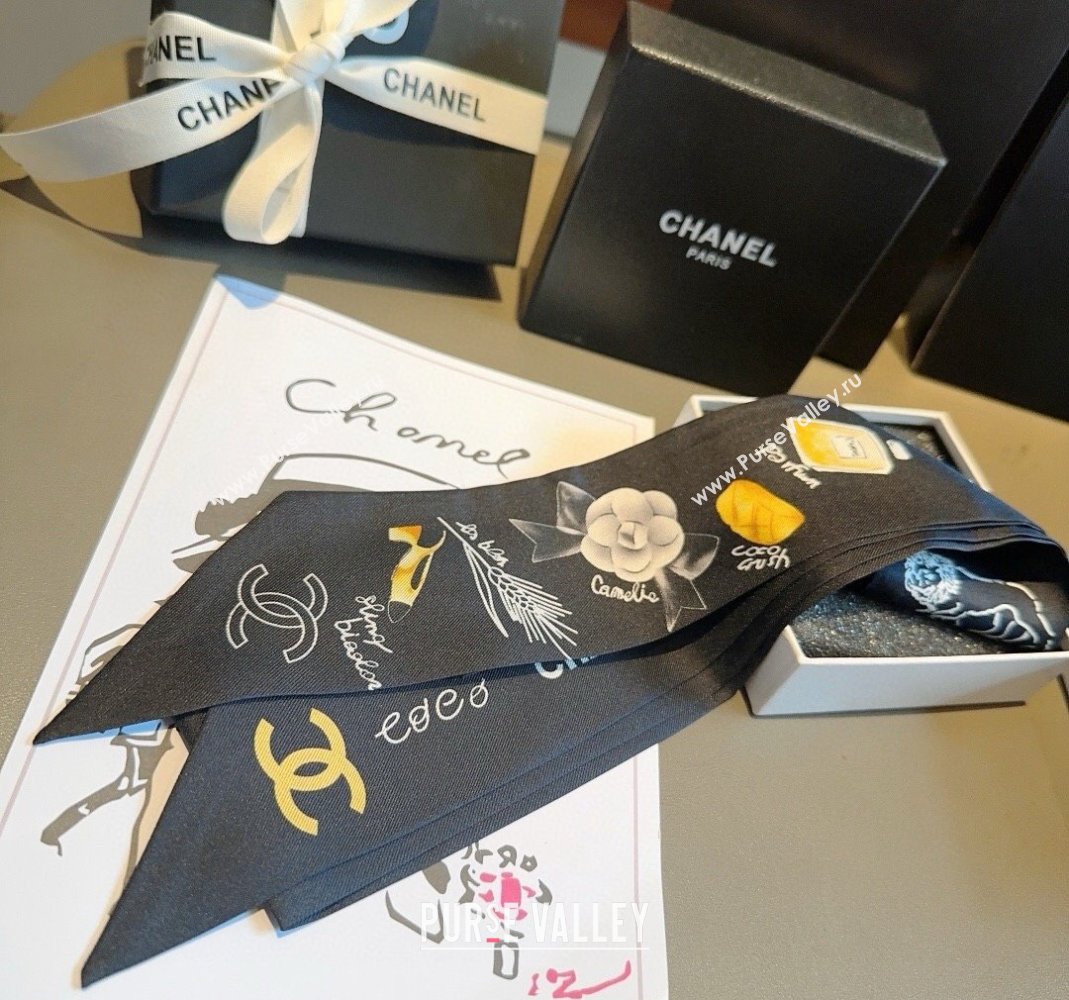 Chanel Silk Bandeau Scarf 6x120cm Black 2024 051402 (A-240514136)