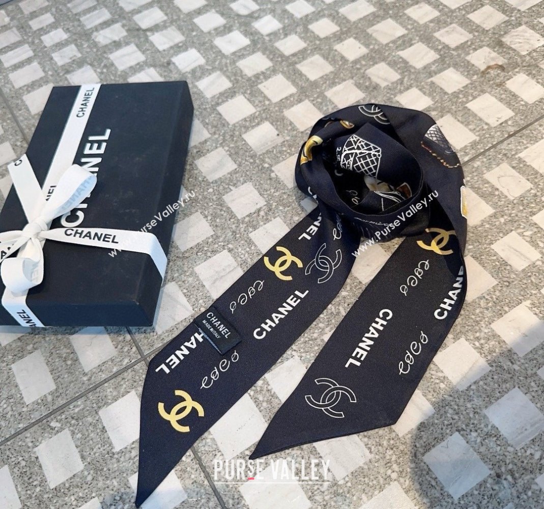 Chanel Silk Bandeau Scarf 6x120cm Black 2024 051402 (A-240514136)