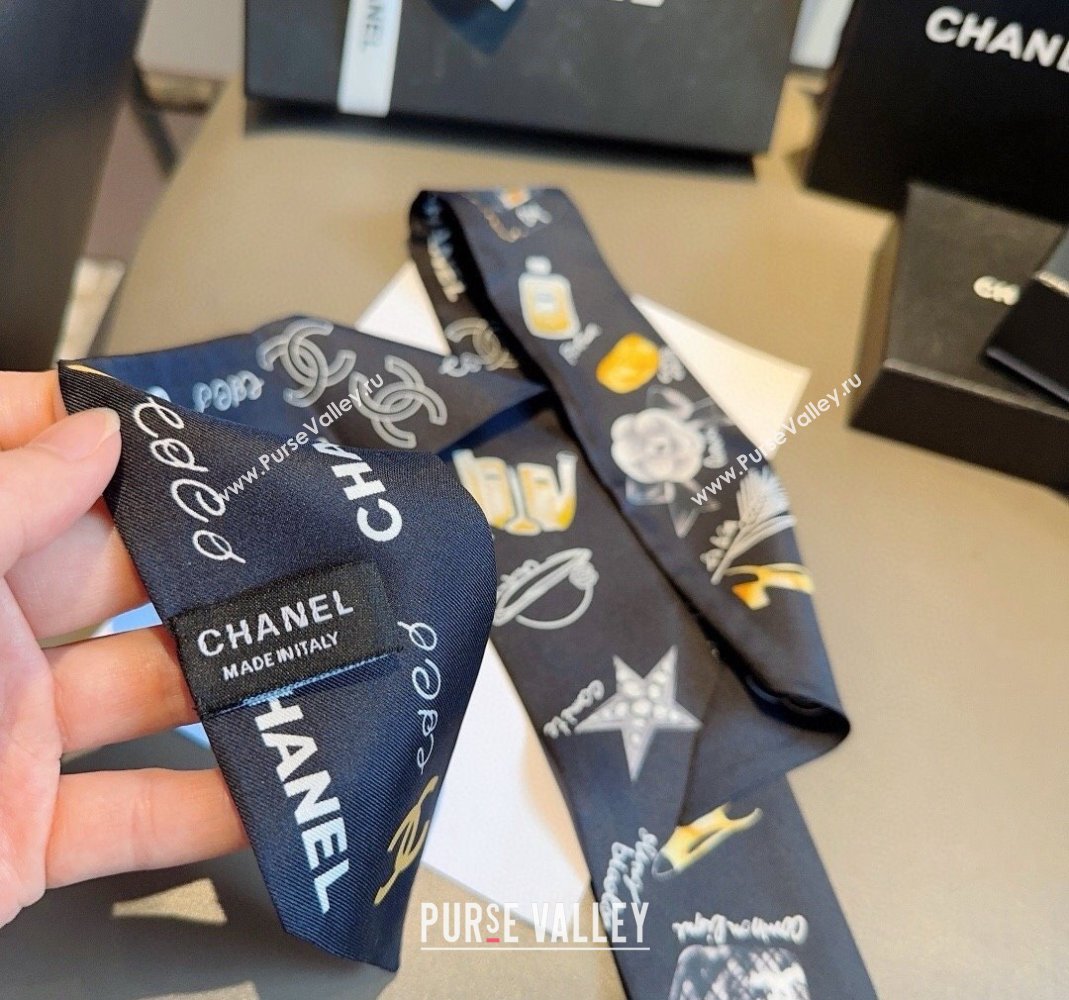 Chanel Silk Bandeau Scarf 6x120cm Black 2024 051402 (A-240514136)