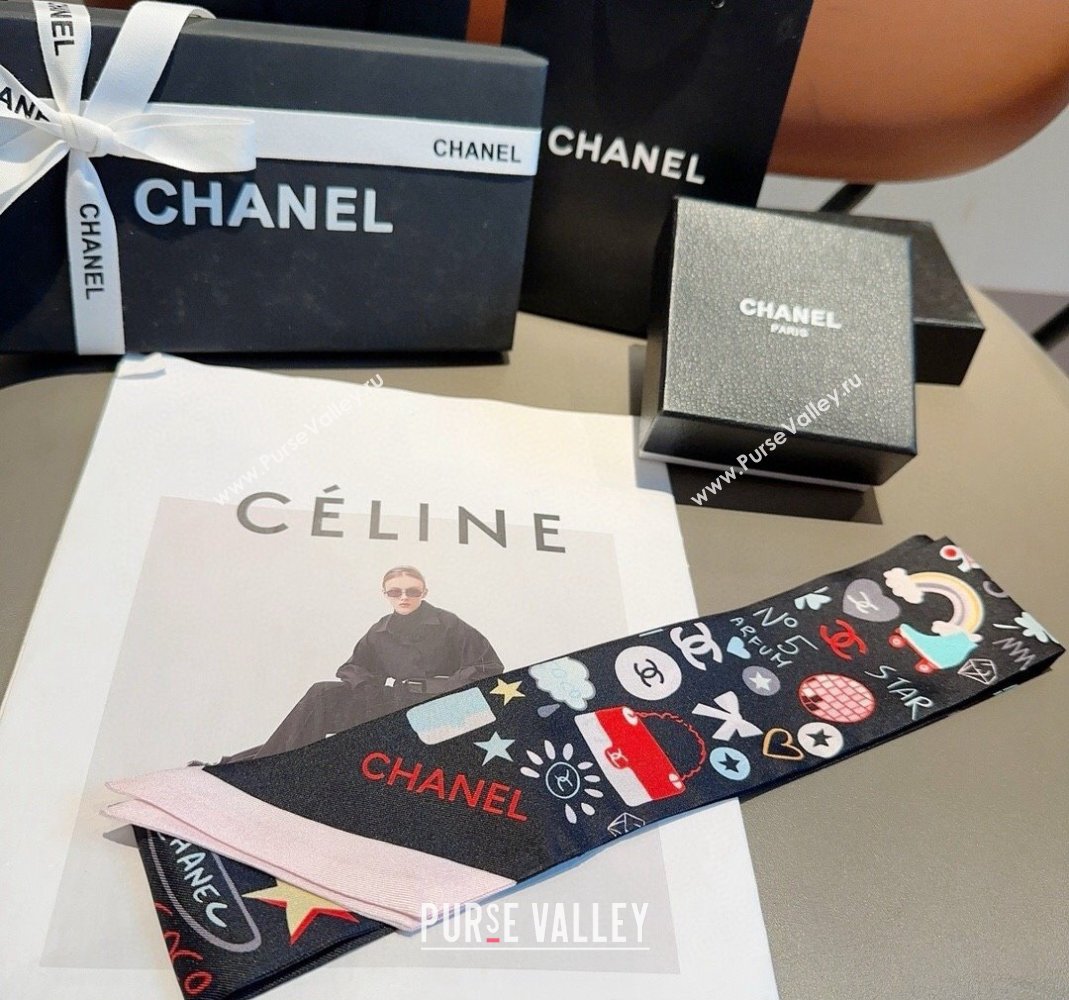Chanel Silk Bandeau Scarf 6x120cm Black 2024 051403 (A-240514137)