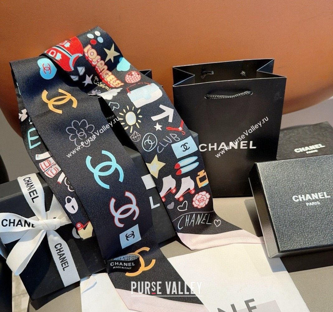 Chanel Silk Bandeau Scarf 6x120cm Black 2024 051403 (A-240514137)