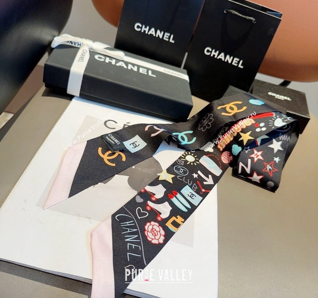 Chanel Silk Bandeau Scarf 6x120cm Black 2024 051403 (A-240514137)