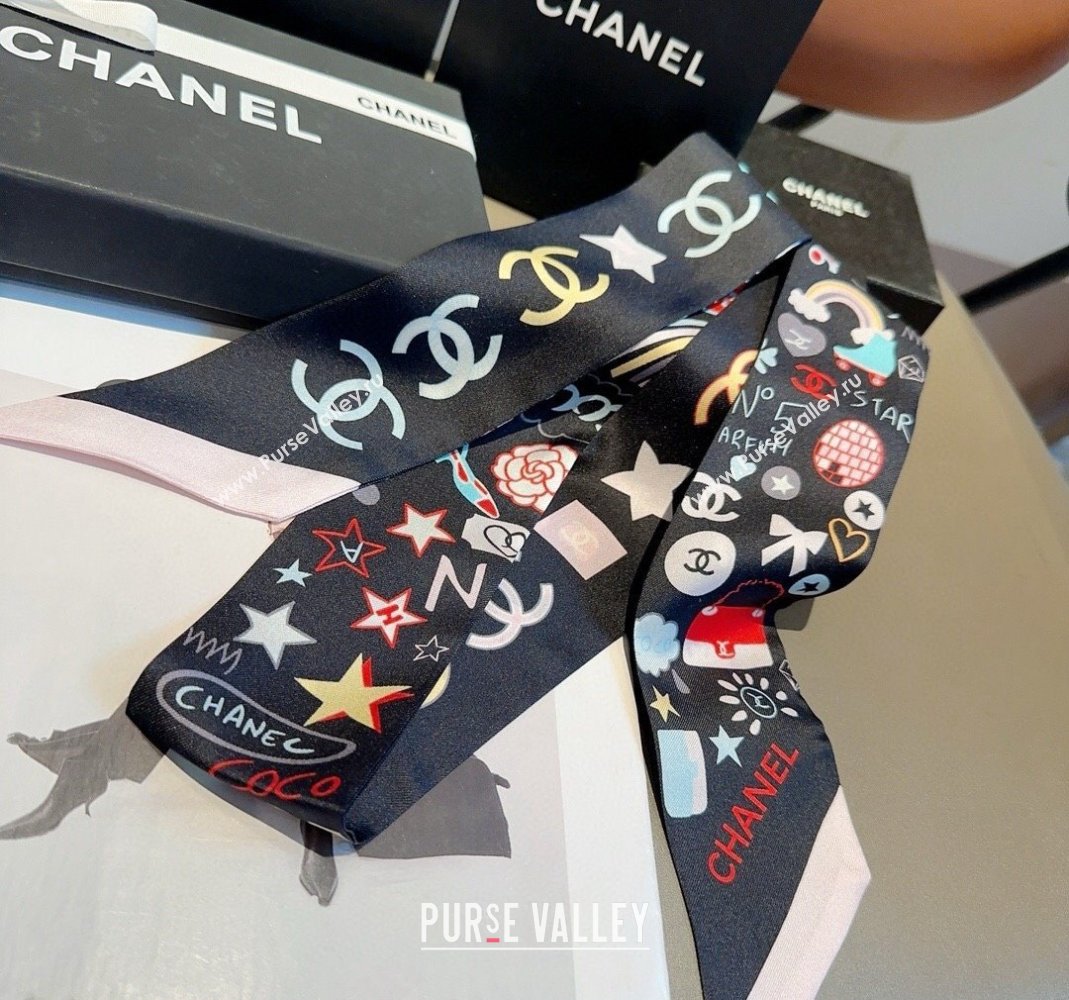 Chanel Silk Bandeau Scarf 6x120cm Black 2024 051403 (A-240514137)