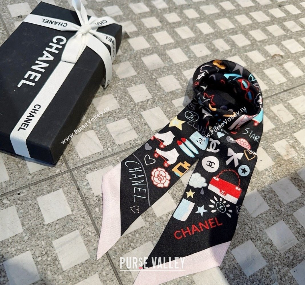 Chanel Silk Bandeau Scarf 6x120cm Black 2024 051403 (A-240514137)