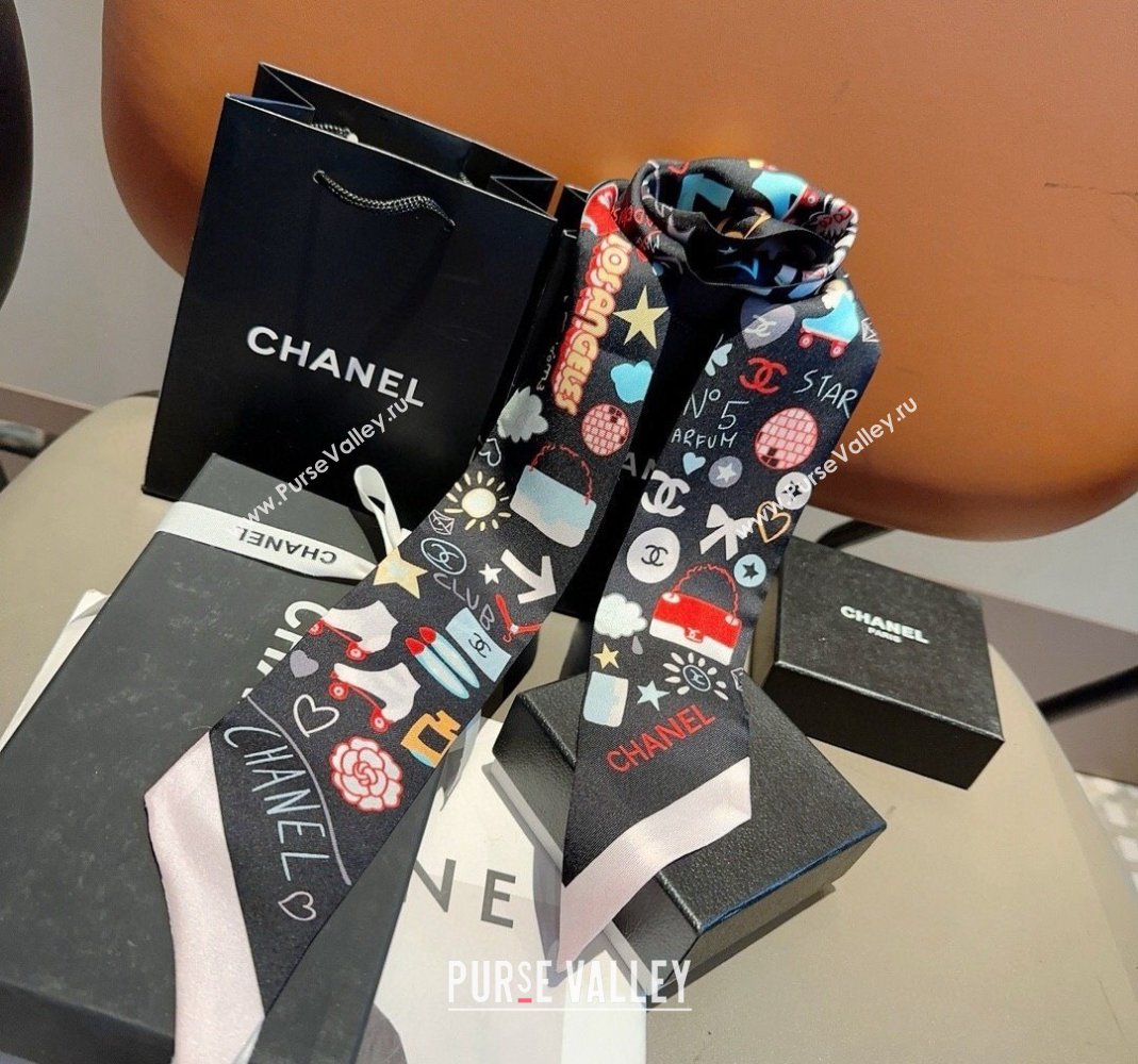 Chanel Silk Bandeau Scarf 6x120cm Black 2024 051403 (A-240514137)