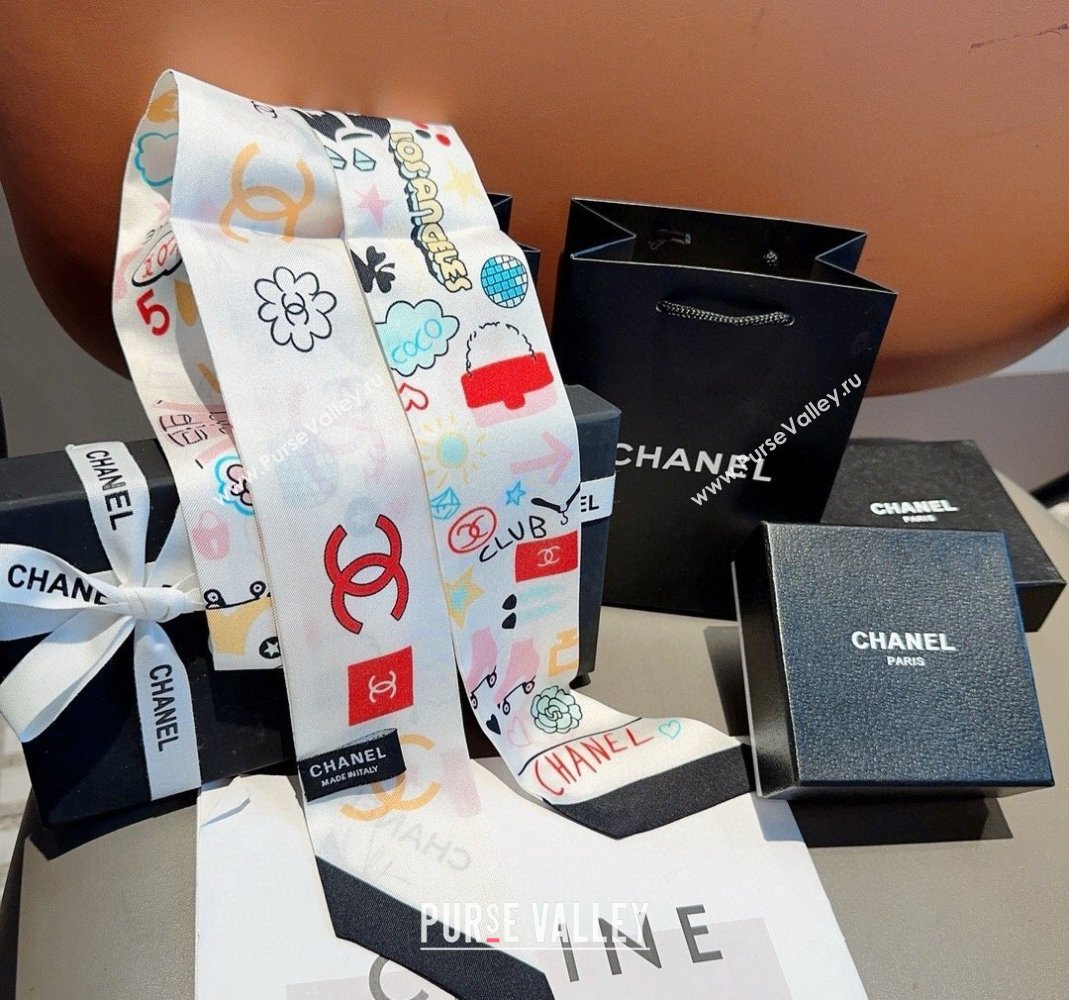 Chanel Silk Bandeau Scarf 6x120cm White 2024 051403 (A-240514138)