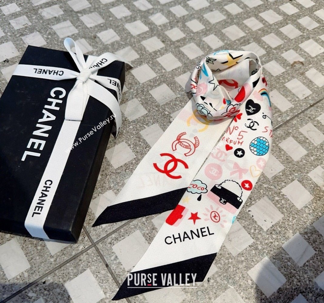 Chanel Silk Bandeau Scarf 6x120cm White 2024 051403 (A-240514138)