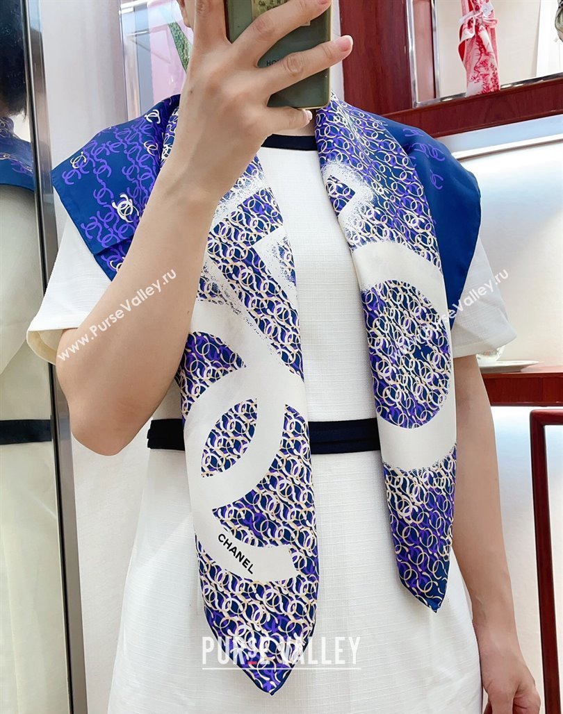 Chanel CC Allover Silk Sqaure Scarf 90x90cm Blue 2024 0514 (A-240514150)