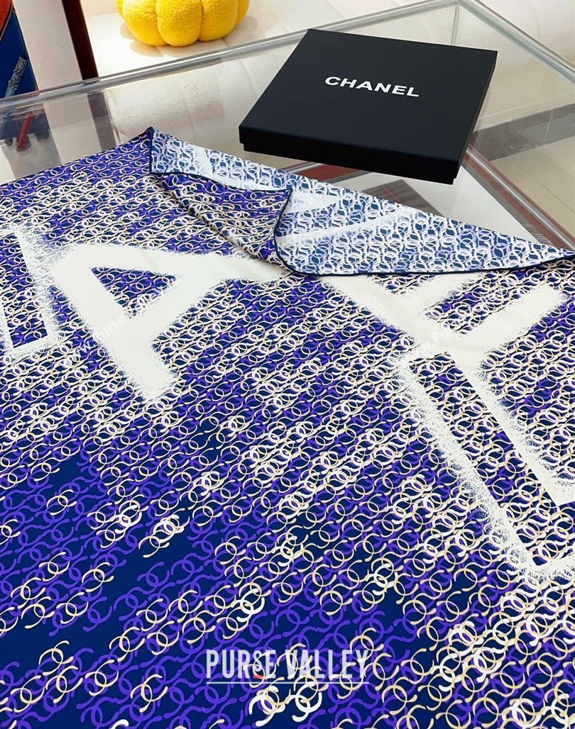 Chanel CC Allover Silk Sqaure Scarf 90x90cm Blue 2024 0514 (A-240514150)