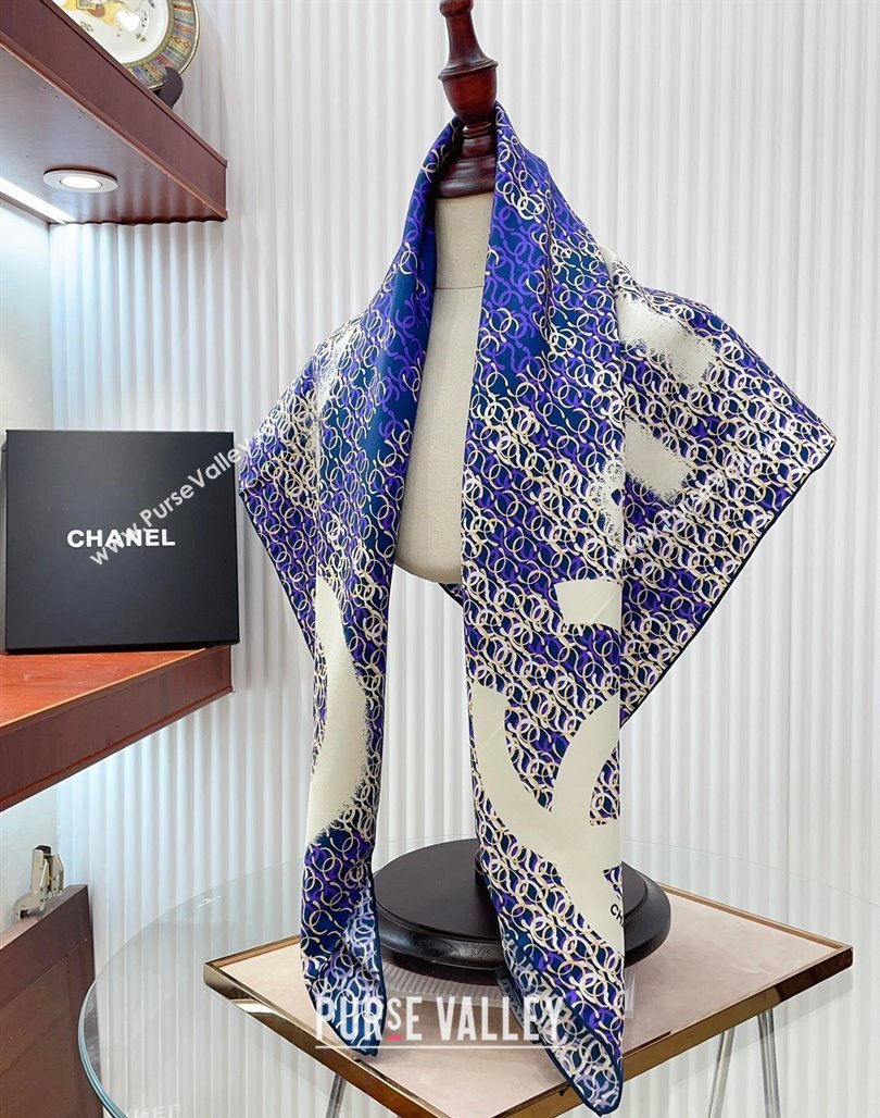 Chanel CC Allover Silk Sqaure Scarf 90x90cm Blue 2024 0514 (A-240514150)
