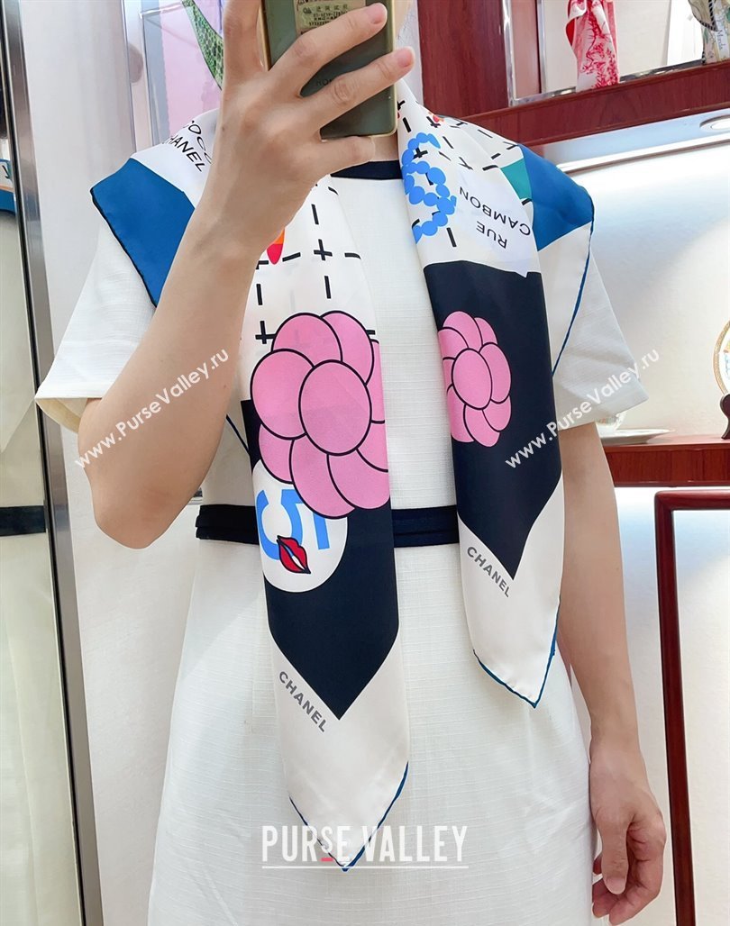 Chanel 5 Silk Sqaure Scarf 90x90cm White 2024 0514 (A-240514154)