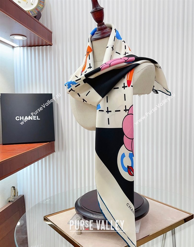 Chanel 5 Silk Sqaure Scarf 90x90cm White 2024 0514 (A-240514154)