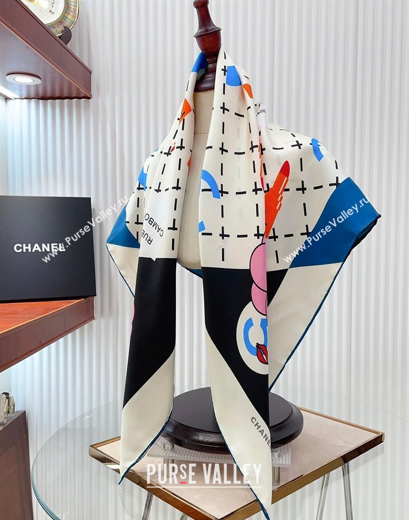 Chanel 5 Silk Sqaure Scarf 90x90cm White 2024 0514 (A-240514154)