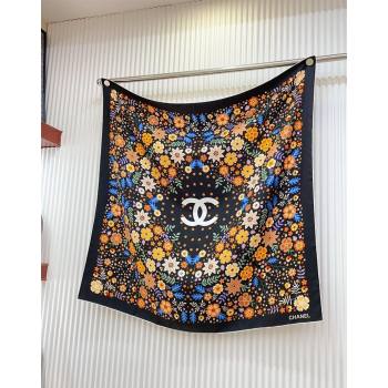 Chanel Silk Sqaure Scarf 90x90cm with Flora Black 2024 0619 (A-240619092)