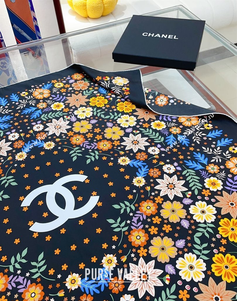 Chanel Silk Sqaure Scarf 90x90cm with Flora Black 2024 0619 (A-240619092)