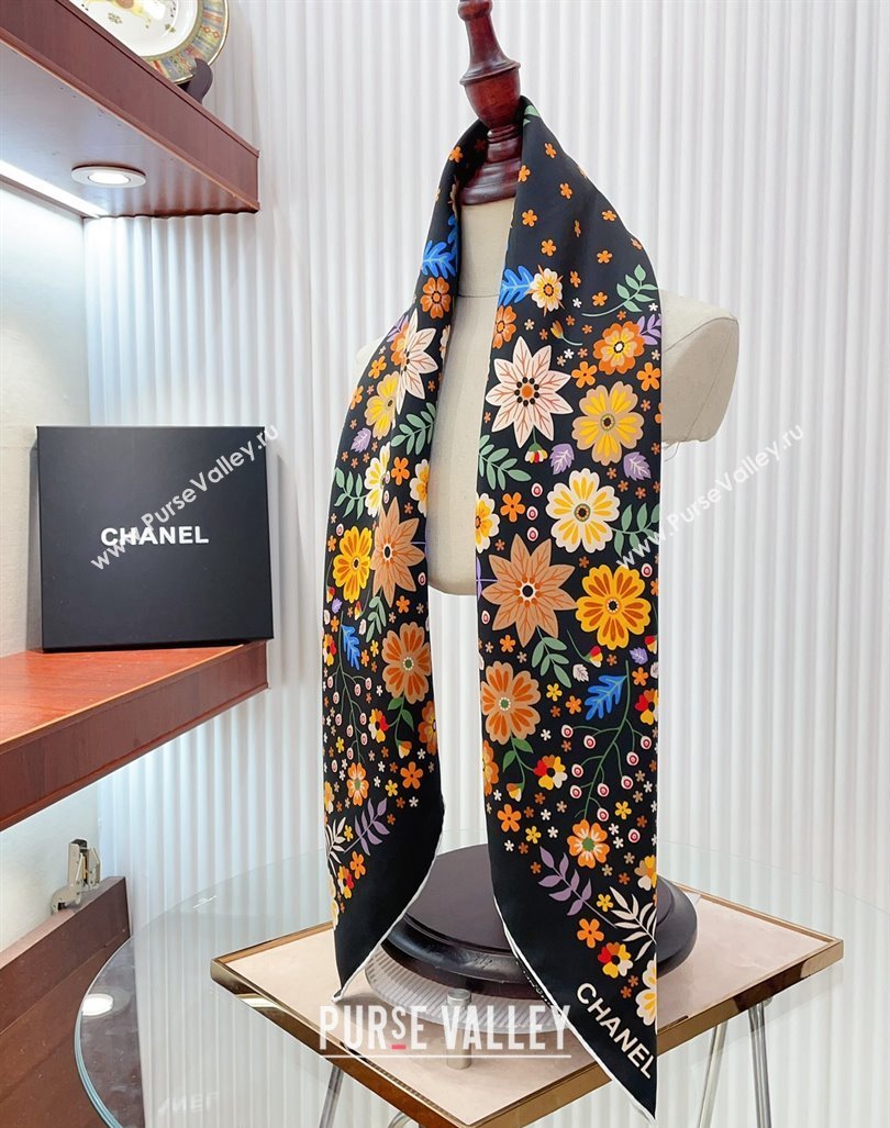 Chanel Silk Sqaure Scarf 90x90cm with Flora Black 2024 0619 (A-240619092)