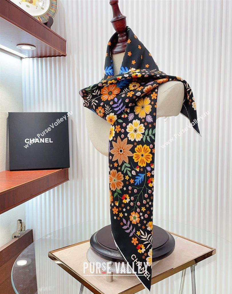 Chanel Silk Sqaure Scarf 90x90cm with Flora Black 2024 0619 (A-240619092)