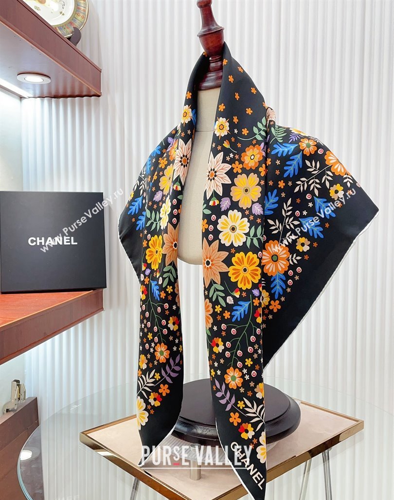 Chanel Silk Sqaure Scarf 90x90cm with Flora Black 2024 0619 (A-240619092)