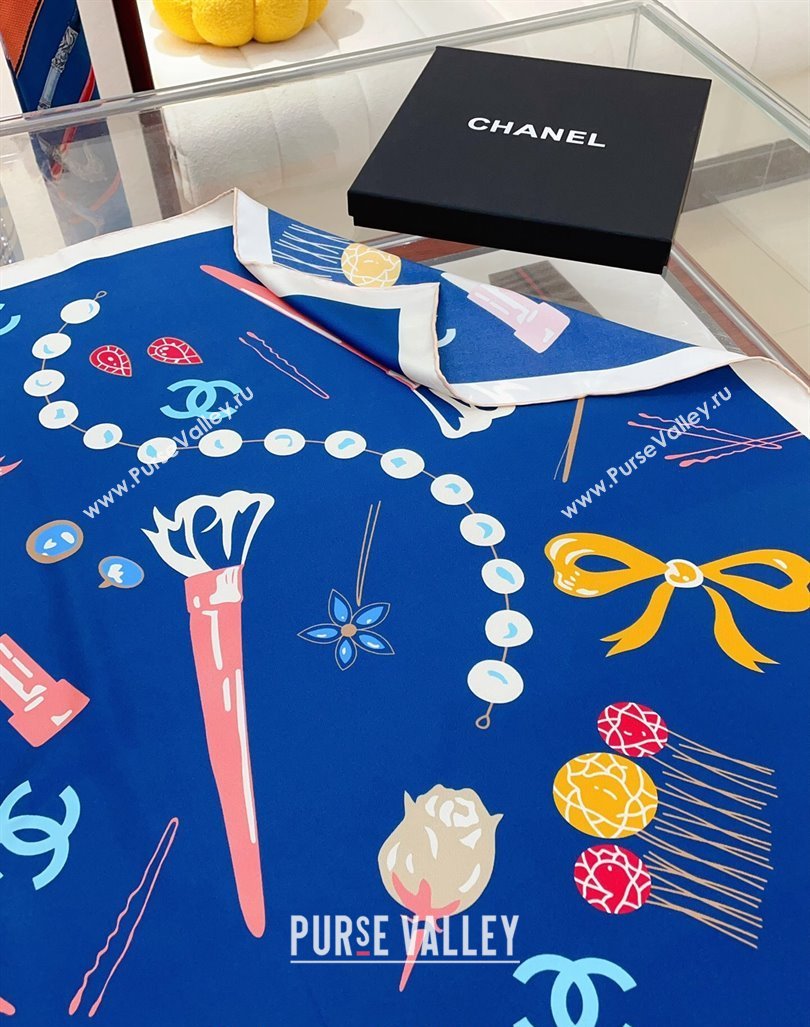 Chanel Silk Sqaure Scarf 90x90cm Blue 2024 061906 (A-240619107)