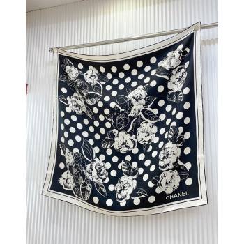 Chanel Silk Square Scarf 90x90cm with Camellia Flora Black 2024 0619 (A-240619109)