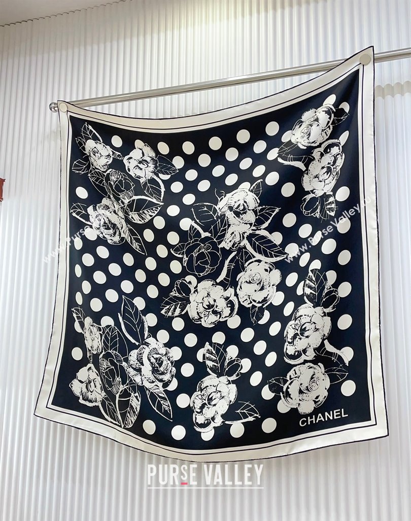 Chanel Silk Square Scarf 90x90cm with Camellia Flora Black 2024 0619 (A-240619109)