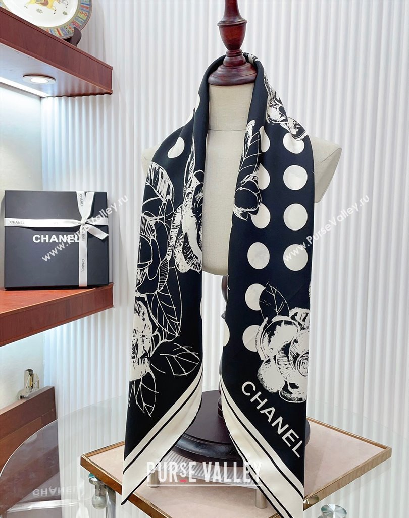 Chanel Silk Square Scarf 90x90cm with Camellia Flora Black 2024 0619 (A-240619109)