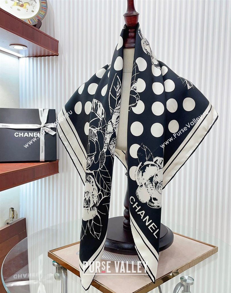 Chanel Silk Square Scarf 90x90cm with Camellia Flora Black 2024 0619 (A-240619109)