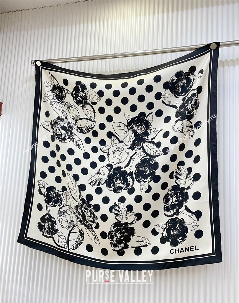 Chanel Silk Square Scarf 90x90cm with Camellia Flora White 2024 0619 (A-240619110)