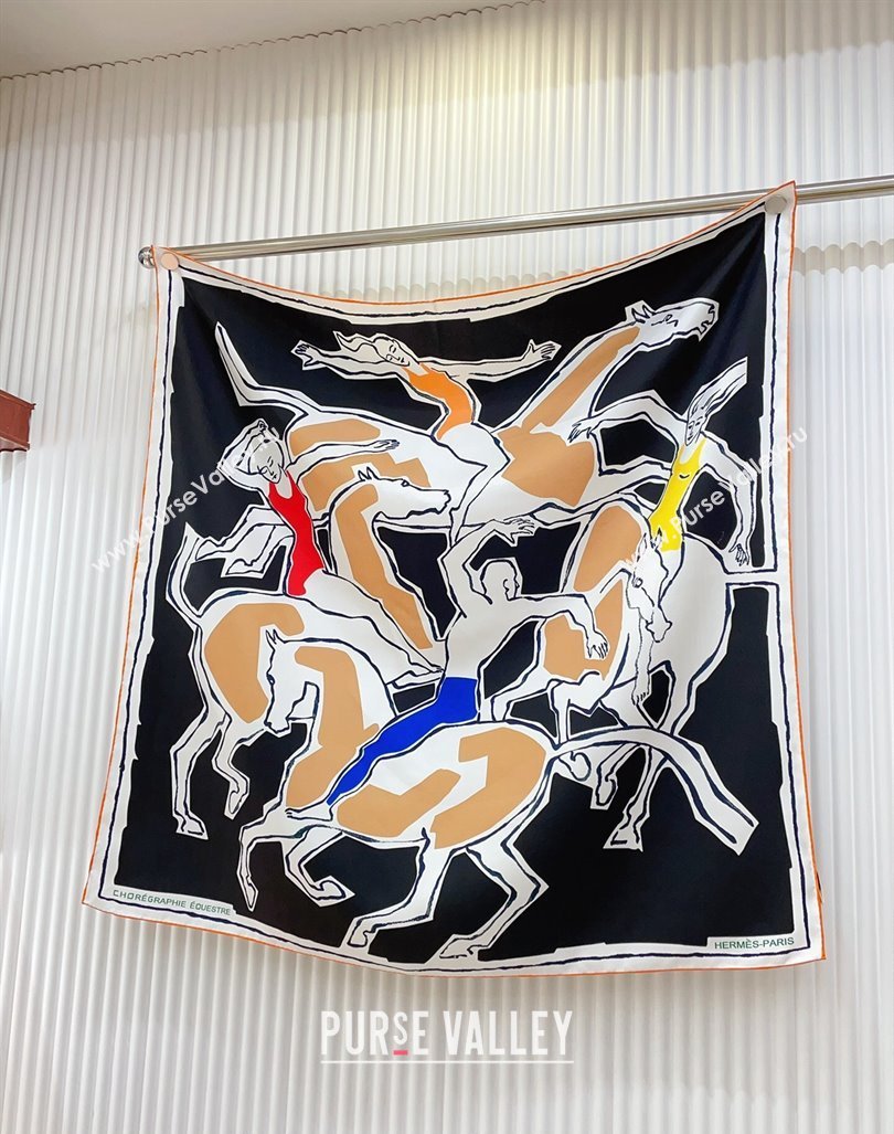 Hermes Choreographie Equestre Silk Square Scarf 90x90cm Black 2024 0619 (A-240619121)