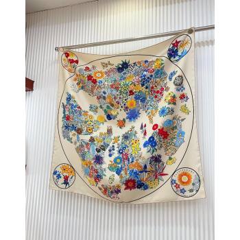 Hermes Flora Map Silk Square Scarf 90x90cm White 2024 (A-240710103)