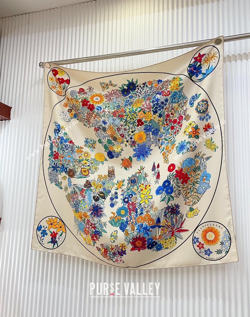 Hermes Flora Map Silk Square Scarf 90x90cm White 2024 (A-240710103)